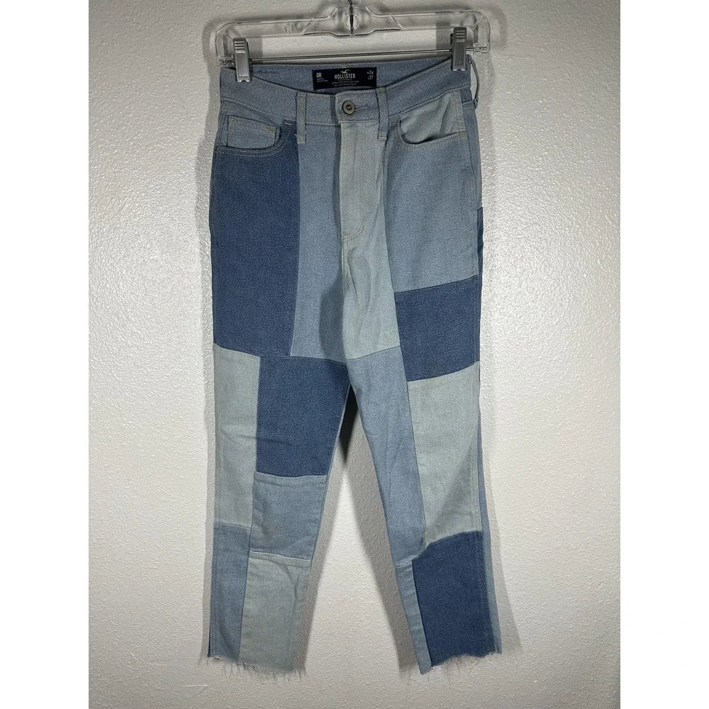Hollister Jeans‎ Womens 0 Blue Patchwork High Rise Mom Raw Hem Stretch Denim